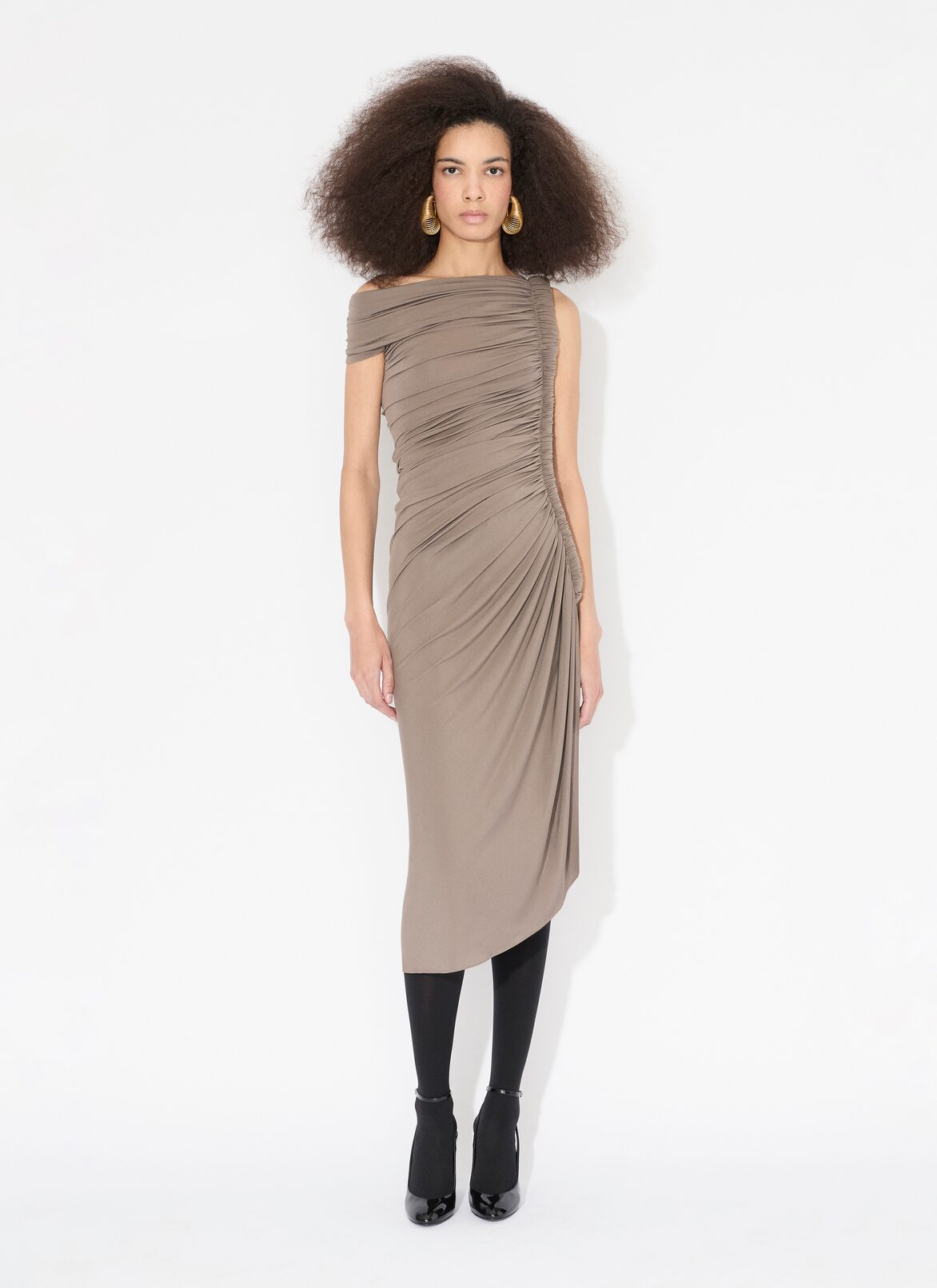 DRAPED DRESS IN SUPPLE JERSEY  ALAÏA BROWNISH GREY DRAPED DRESS IN SUPPLE JERSEY